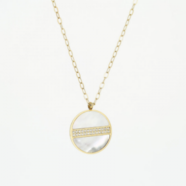 Sautoir zag bijoux, acier chirurgicale doré médaille nacre